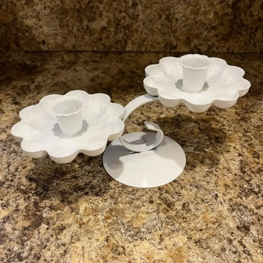 Vintage White Metal Double Candlestick Holder Tiered Flower Shaped